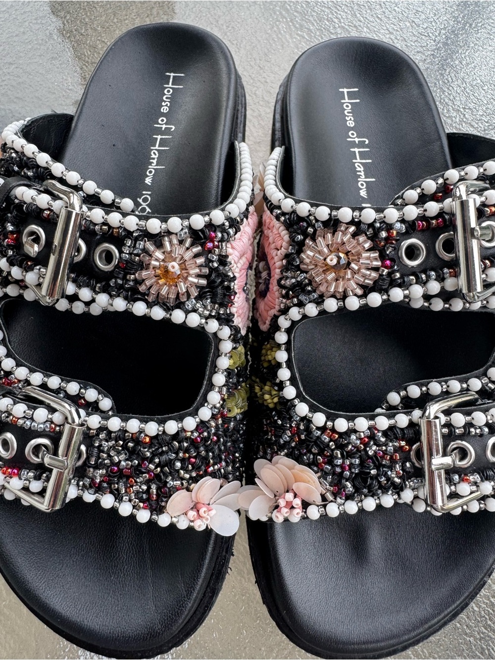 Beaded Black Floral Slide Sandals with Pink Accents Sz 6 - Picture 3 of 6